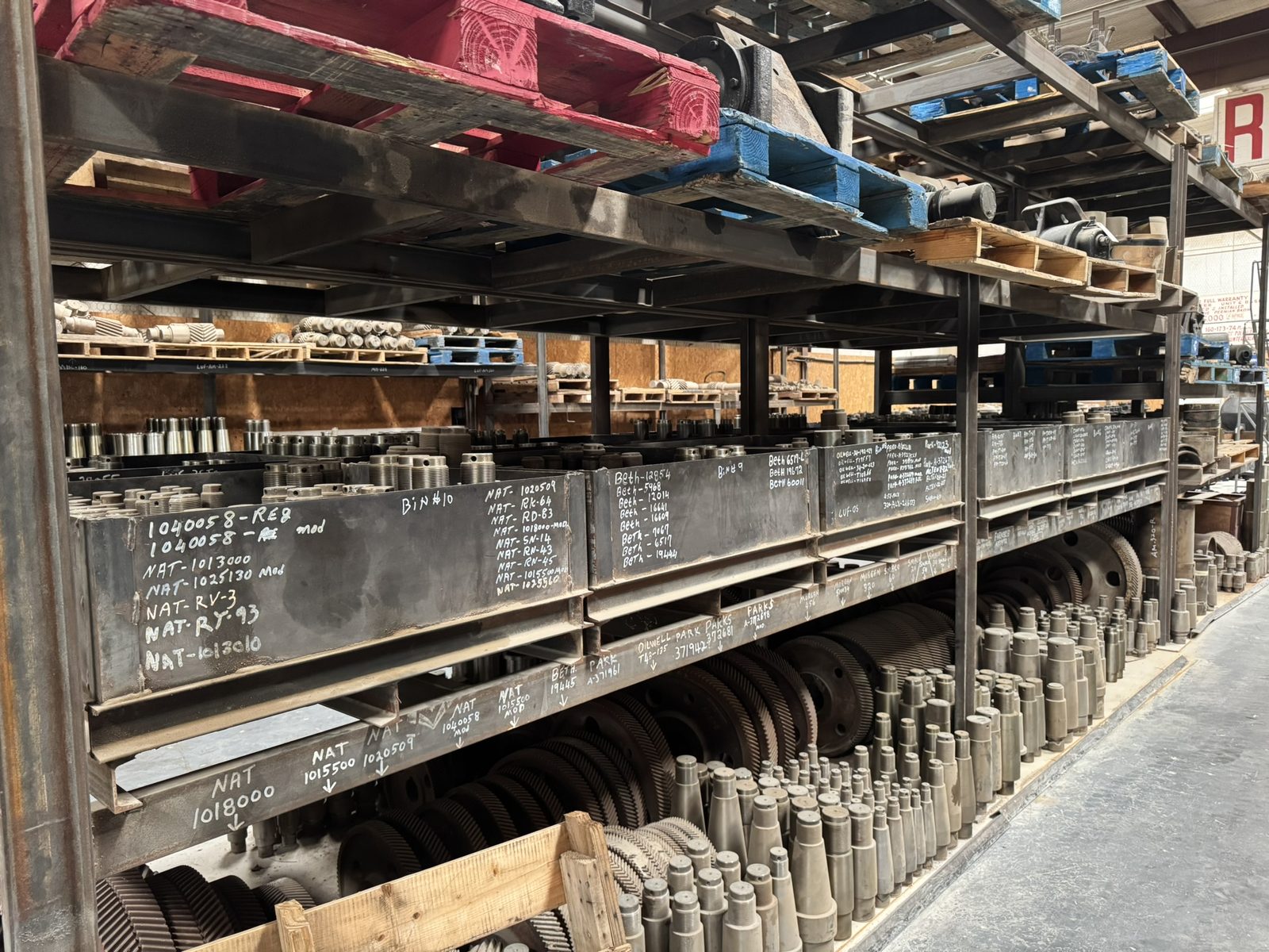 Rows of pump jack parts at Snelson's, the largest inventory in West Texas