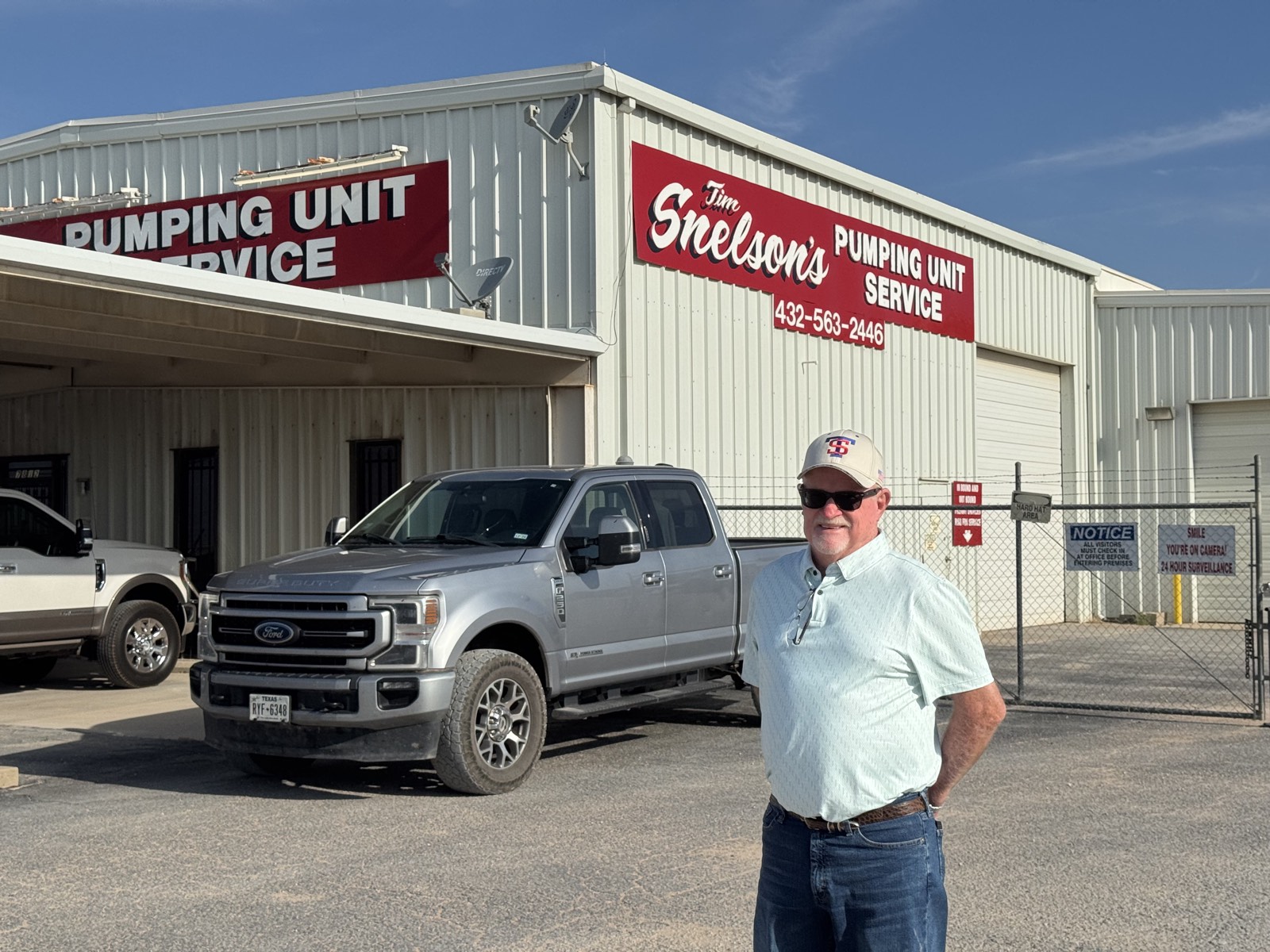 Founder Tim Snelson outside the Snelson's Pumping Unit Service shop on Interstate 20 in Midland, Texas